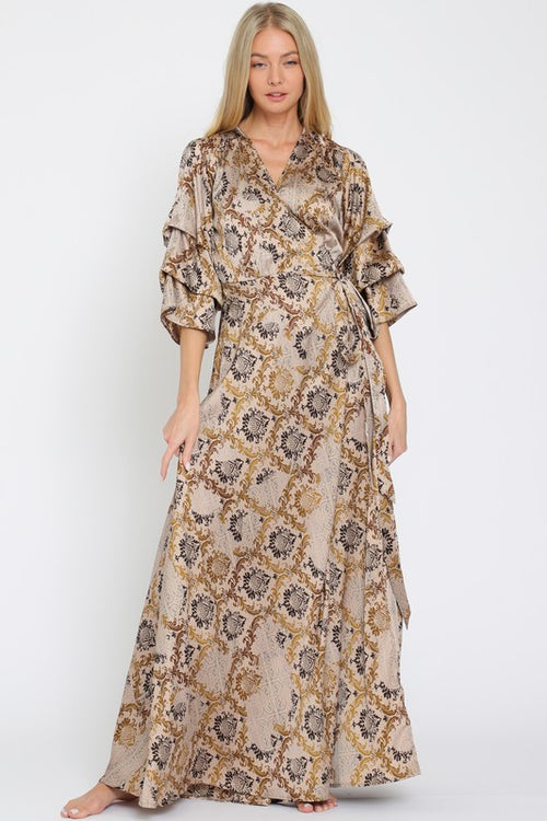 Golden 3/4 Sleeve Wrap Maxi Dress