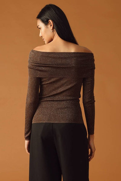 Brown off The Shoulder Metallic Sweater