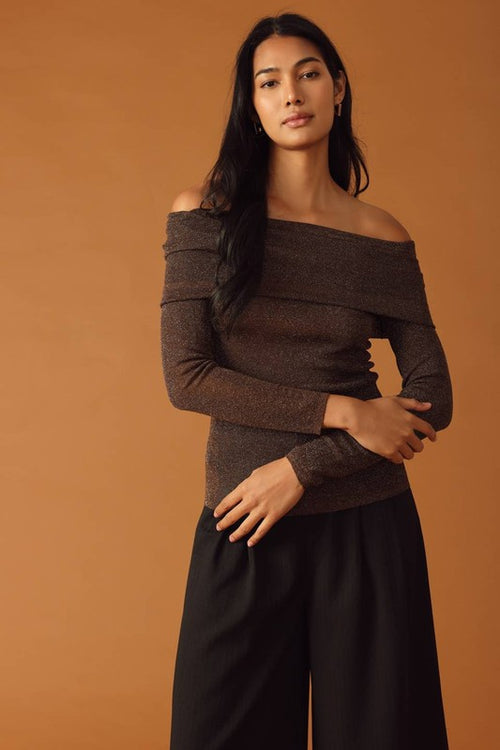 Brown off The Shoulder Metallic Sweater