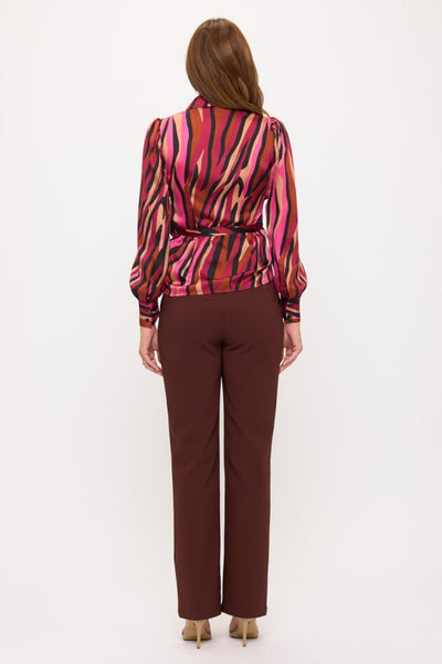 Fuchsia Animal Print Long Sleeve Tie Blouse