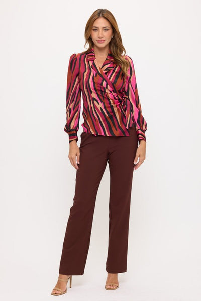 Fuchsia Animal Print Long Sleeve Tie Blouse