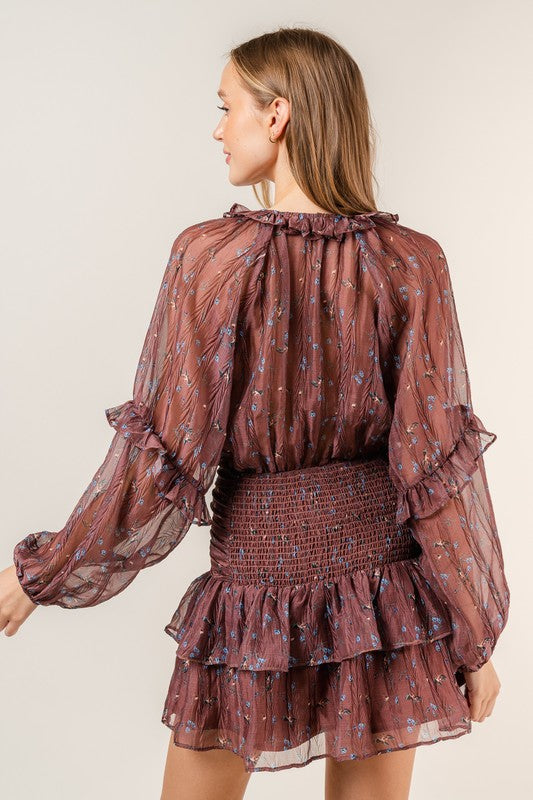 Brown Sheer Floral Print Long Sleeve Dress