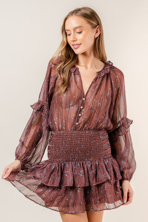 Brown Sheer Floral Print Long Sleeve Dress