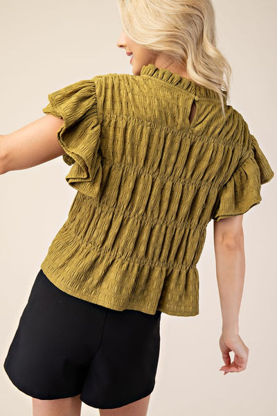 Olive Ruched Flutter Sleeve Top