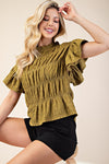 Olive Ruched Flutter Sleeve Top