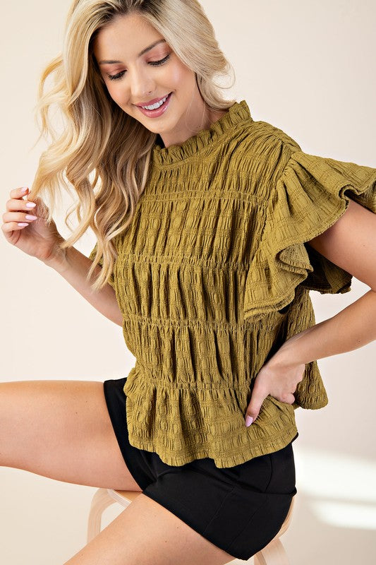 Olive Ruched Flutter Sleeve Top