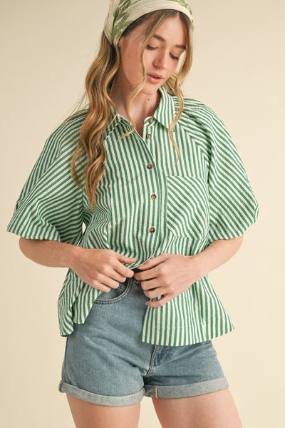 Green Striped Bubble Sleeve Button Down Top