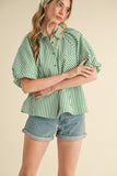 Green Striped Bubble Sleeve Button Down Top