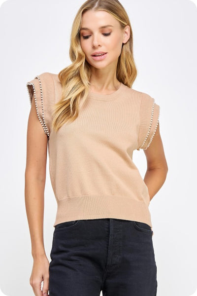 Tan Pearl Trim Sleeveless Knit Top