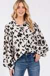Black and White Floral Puff Sleeve Button Down