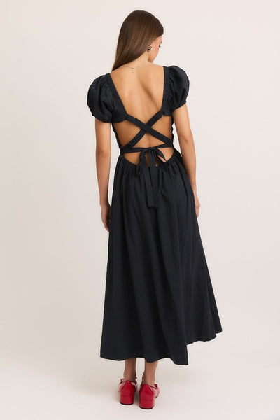 Black Puff Sleeve Open Back Maxi Dress