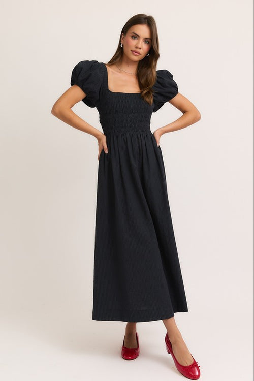 Black Puff Sleeve Open Back Maxi Dress