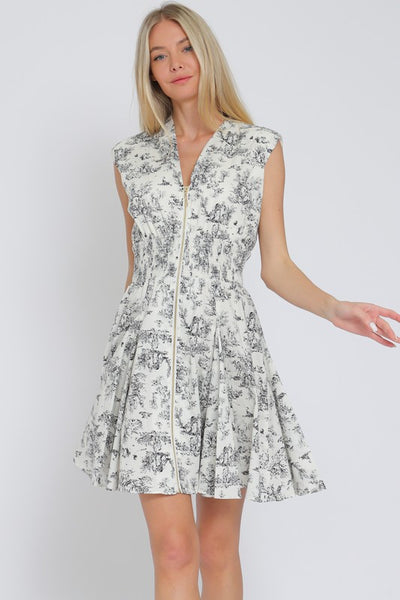 Ivory and BLack Print Shoulder Pad Zipper Dress