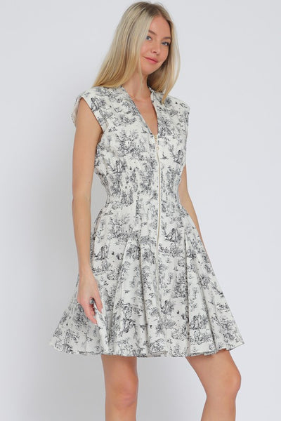 Ivory and BLack Print Shoulder Pad Zipper Dress