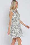 Ivory and BLack Print Shoulder Pad Zipper Dress