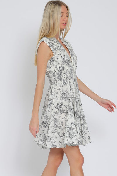 Ivory and BLack Print Shoulder Pad Zipper Dress