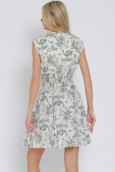 Ivory and BLack Print Shoulder Pad Zipper Dress