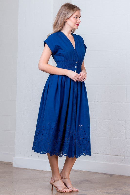 Royal Blue V-Neck Smocked Waist Midi Dress