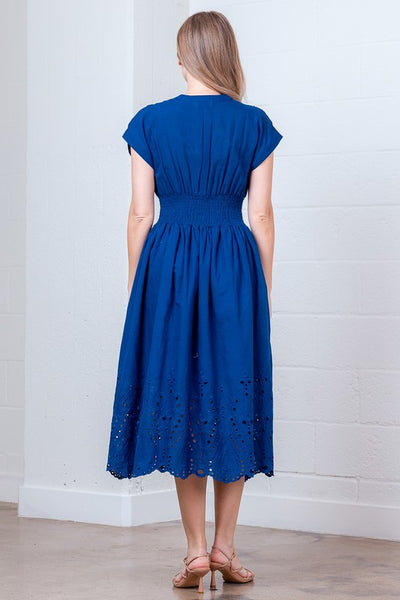Royal Blue V-Neck Smocked Waist Midi Dress
