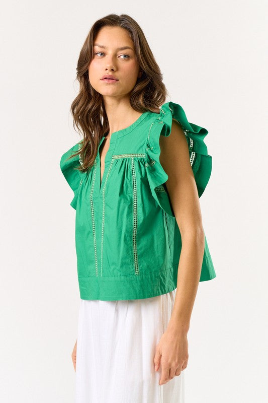 Green Flare Sleeve Blouse