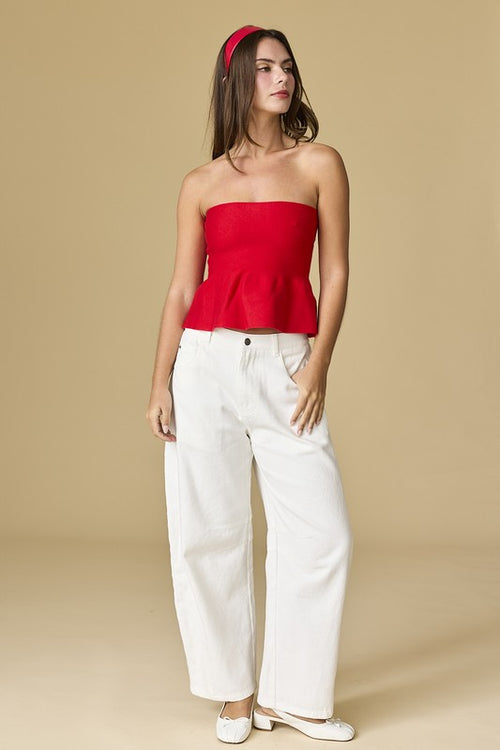 Red Strapless Knit Peplum Top