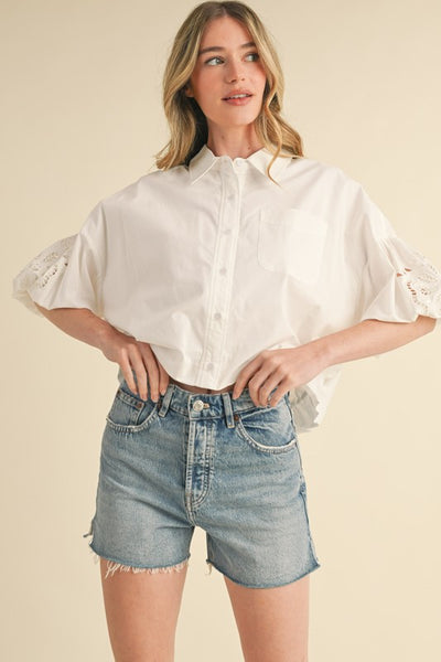 White Embroidered Bubble Blouse