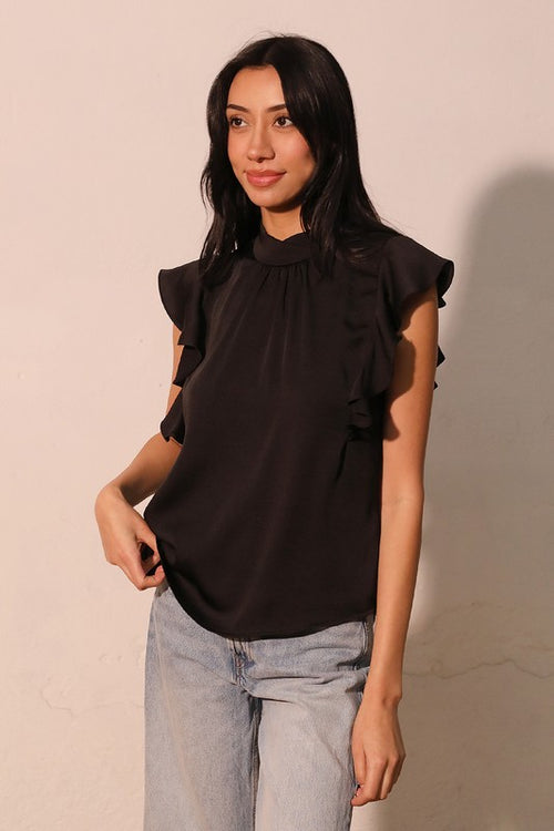 Black Poly Silk Cascade Ruffle Top