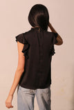 Black Poly Silk Cascade Ruffle Top