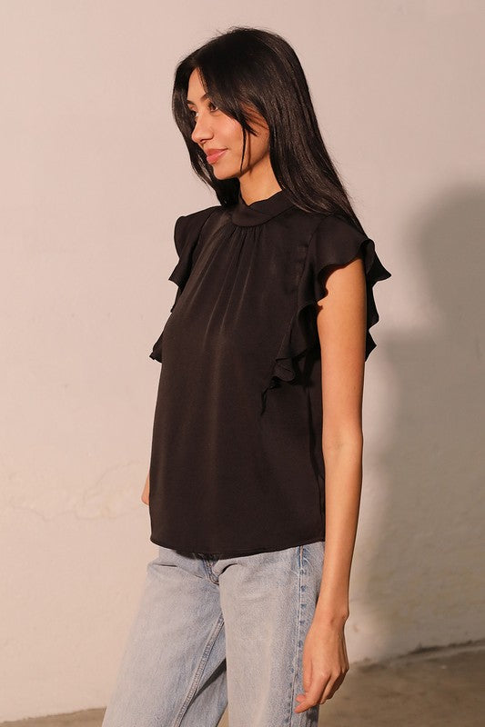 Black Poly Silk Cascade Ruffle Top