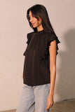 Black Poly Silk Cascade Ruffle Top