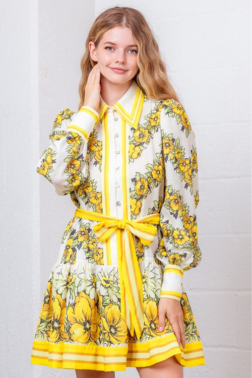 Yellow Floral Long Sleeve Button Up Dress