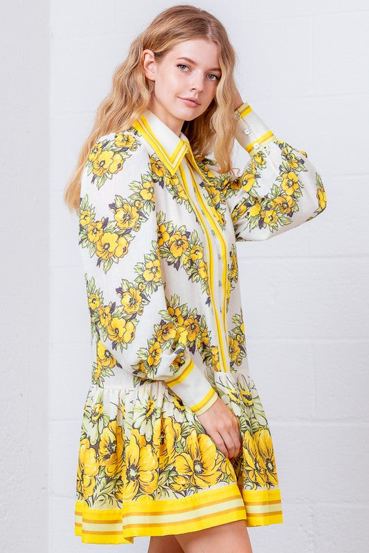Yellow Floral Long Sleeve Button Up Dress