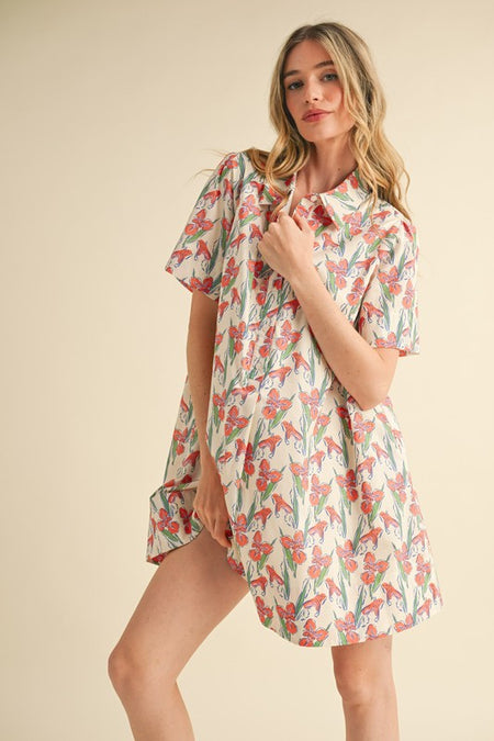 Denim Floral Ruffle Shoulder Mini Dress