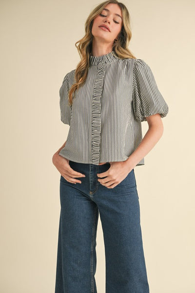 Dark Denim Striped Ruffle Blouse