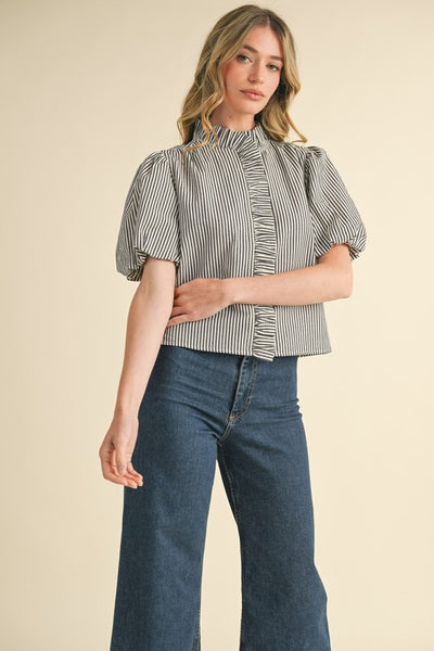 Dark Denim Striped Ruffle Blouse