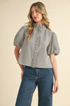 Dark Denim Striped Ruffle Blouse