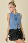 Washed Denim Vest With Front Tie Detail