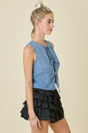 Washed Denim Vest With Front Tie Detail