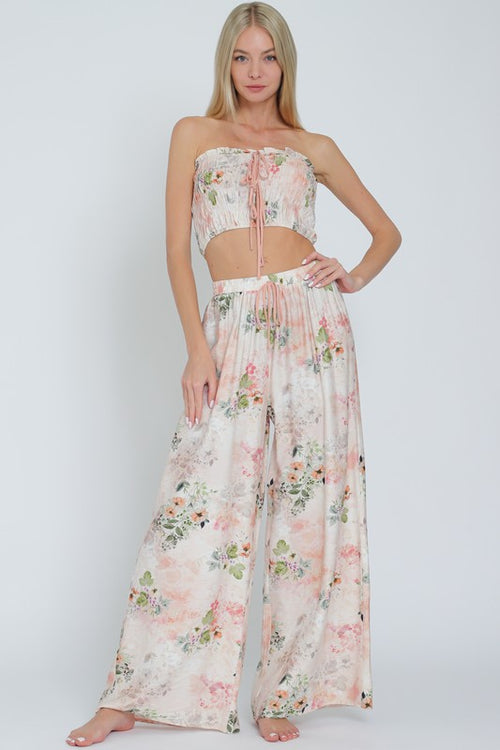 Smocked Floral Tube Top & Maxi Pant Set