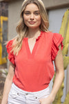 Coral Ruffle Sleeve Knit Top