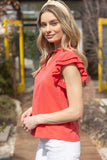 Coral Ruffle Sleeve Knit Top
