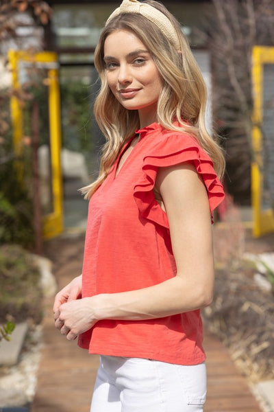 Coral Ruffle Sleeve Knit Top