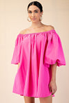 Hot Pink Off-The-Shoulder Puff Mini Dress