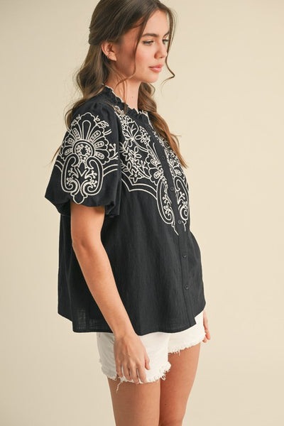 Black Embroidered Button Down Blouse