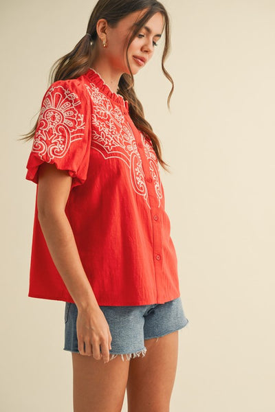 Red Embroidered Button Down Blouse