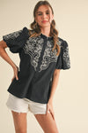 Black Embroidered Button Down Blouse