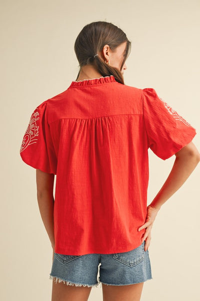 Red Embroidered Button Down Blouse