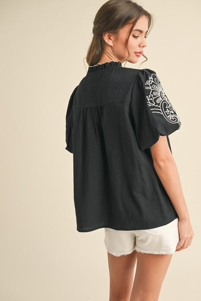 Black Embroidered Button Down Blouse