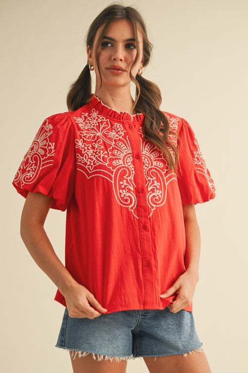 Red Embroidered Button Down Blouse