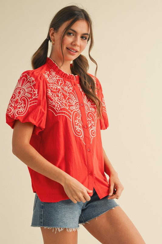 Red Embroidered Button Down Blouse